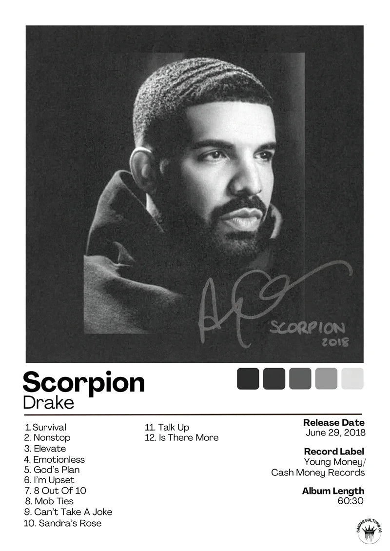 Black and white signed drake scorpion album poster featuring textured cropped portrait for modern home wall decor