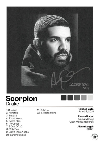 Black and white signed drake scorpion album poster featuring textured cropped portrait for modern home wall decor