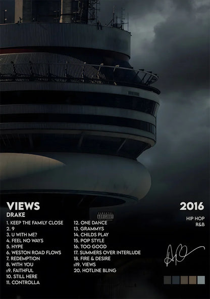 Dark gray and black modern living room poster featuring drake views album cover with cloudy sky and cn tower