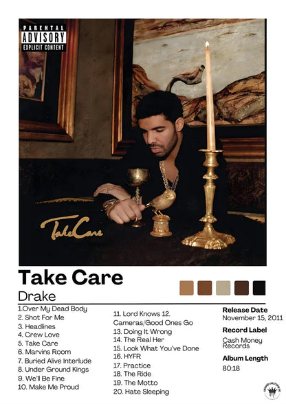 Famous music album singer celebrity rap poster featuring drake take care golden bird figurine modern wall art