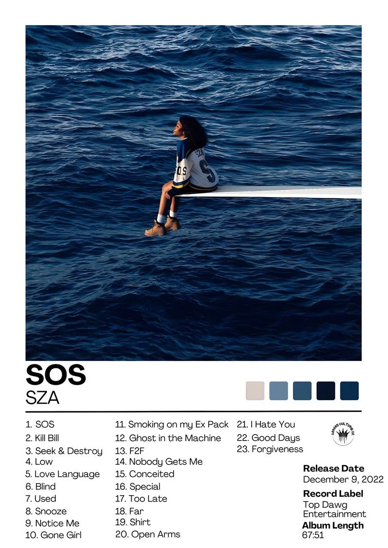Modern living room poster of Sza sos album cover showing person on white ledge against deep blue ocean waves