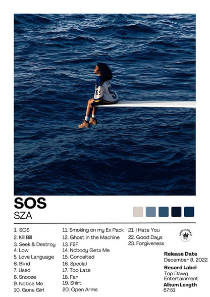 Modern living room poster of Sza sos album cover showing person on white ledge against deep blue ocean waves