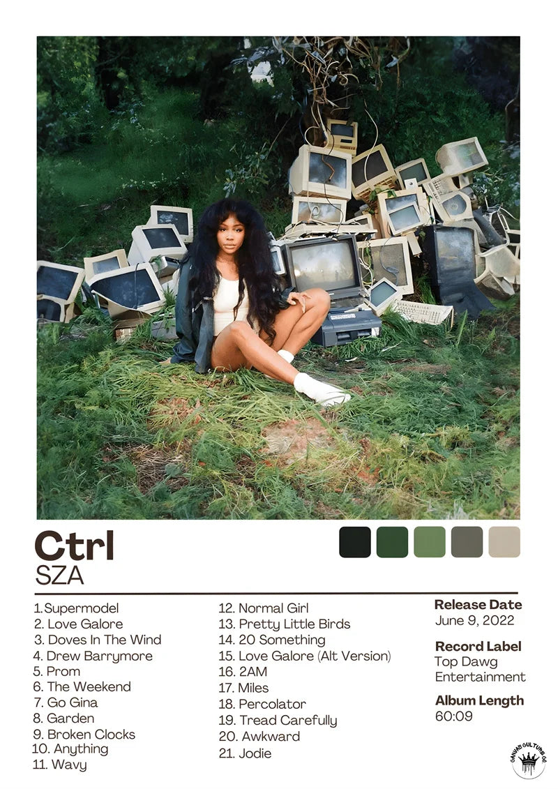 Famous music album poster featuring sza sitting among vintage crt monitors with tracklist in modern wall art design