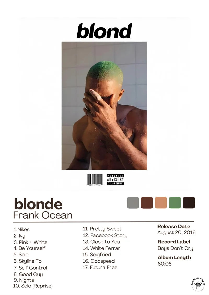 Modern living room poster featuring frank ocean blonde album cover with a man with green-tipped hair and bare shoulders