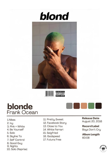 Modern living room poster featuring frank ocean blonde album cover with a man with green-tipped hair and bare shoulders