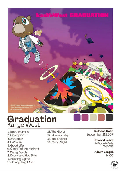 Purple and pink gradient living room poster featuring a cartoon bear in white jacket floating above abstract car design