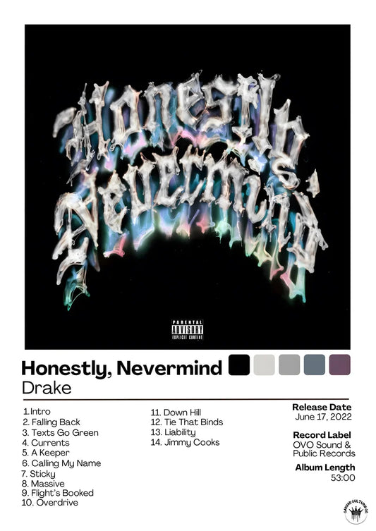 Modern living room poster featuring drake honestly nevermind album cover with white iridescent lettering on black background