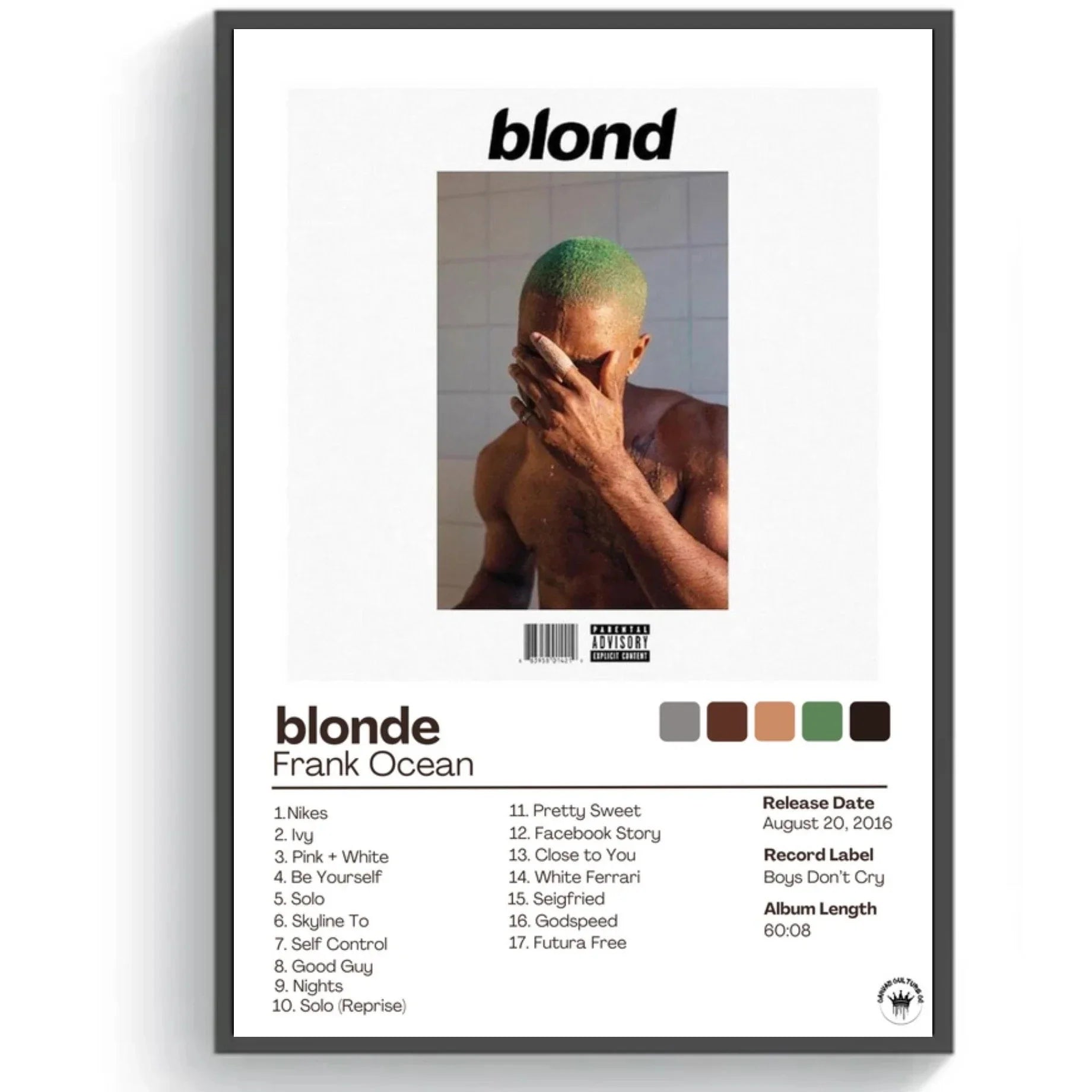 Black-framed poster of frank ocean blonde album cover with green-tinted headshot on white background for home decor