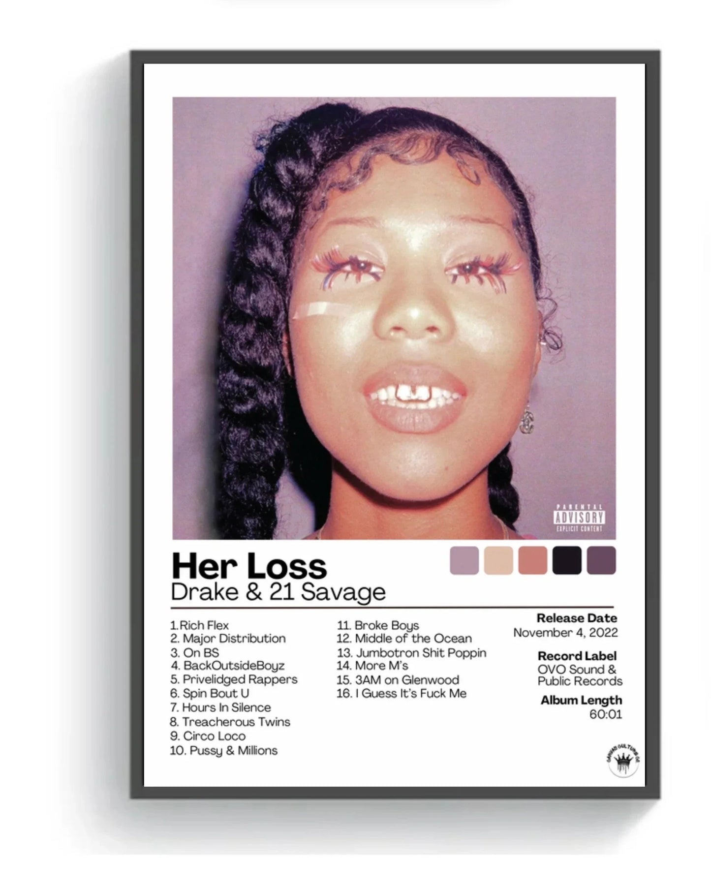 Black-framed poster featuring stylized portrait of 21 Savage with braided hair and winged eyeliner for living room decor