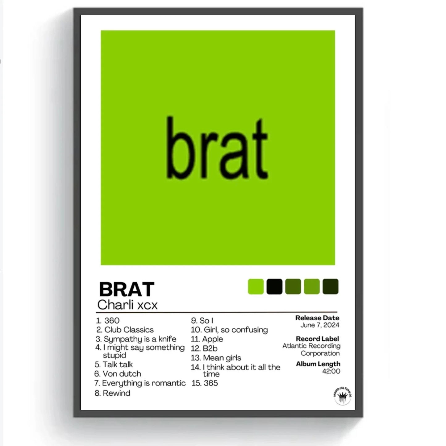 A framed poster featuring a bold lime green square with black text listing tracks from charli xcxs 2024 album brat for wall decor
