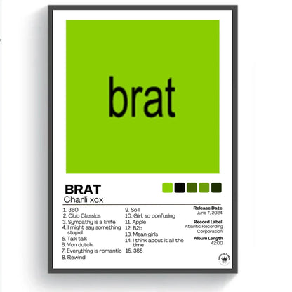 A framed poster featuring a bold lime green square with black text listing tracks from charli xcxs 2024 album brat for wall decor