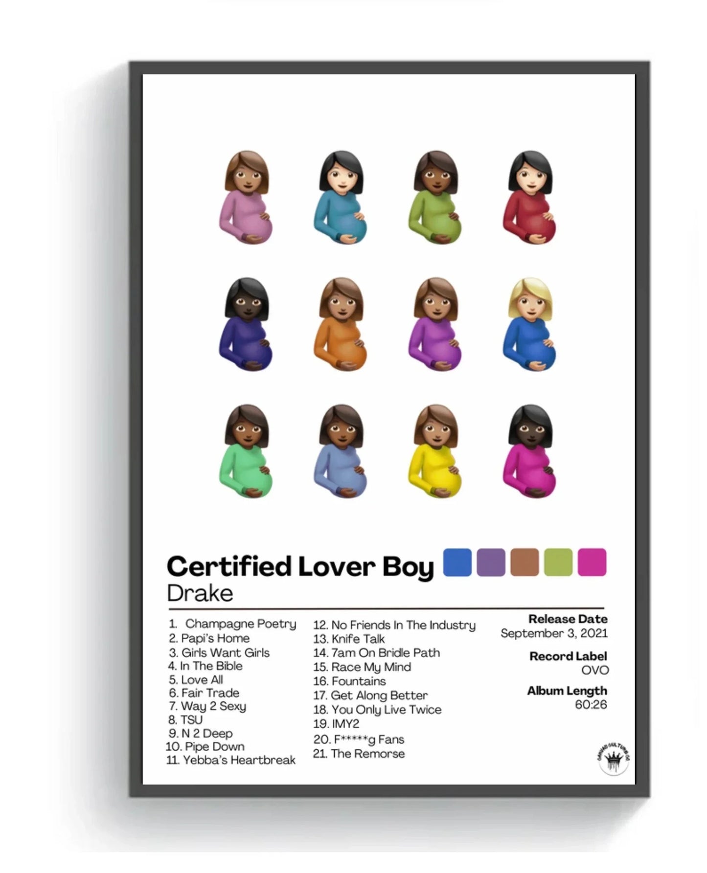 A framed colorful emoji-style pregnant women poster labeled certified lover boy by drake for modern home decor