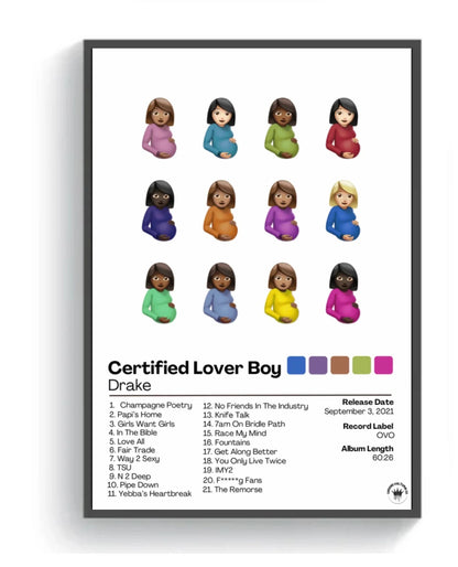 A framed colorful emoji-style pregnant women poster labeled certified lover boy by drake for modern home decor