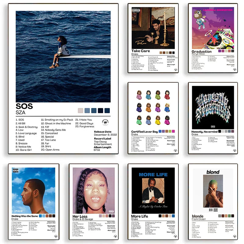 Sos album poster featuring person sitting on ocean edge with blue sky printed in black text on white wall art poster