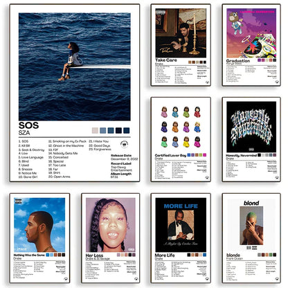 Sos album poster featuring person sitting on ocean edge with blue sky printed in black text on white wall art poster