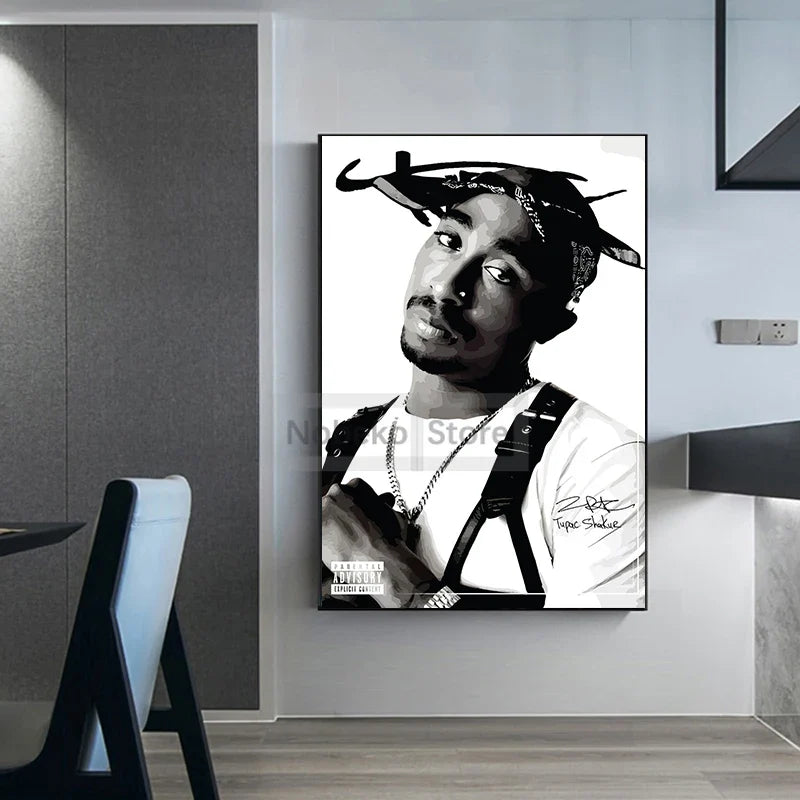 Black and white framed portrait of Tupac Shakur wearing bandana and suspenders featured in rap canvas wall art with order protection time