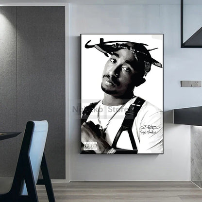 Black and white framed portrait of Tupac Shakur wearing bandana and suspenders featured in rap canvas wall art with order protection time