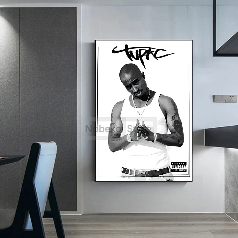 Black and white framed canvas print of tupac shakur with stylized signature and explicit content label for home decor protection time