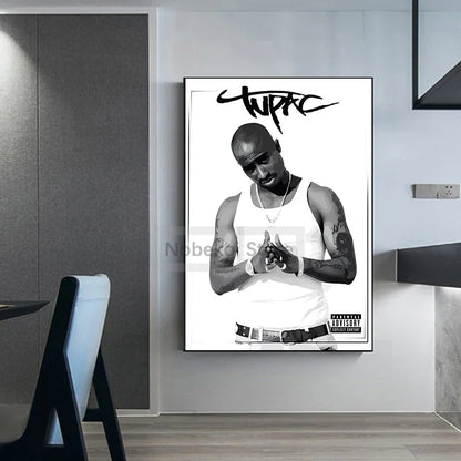 Black and white framed canvas print of tupac shakur with stylized signature and explicit content label for home decor protection time