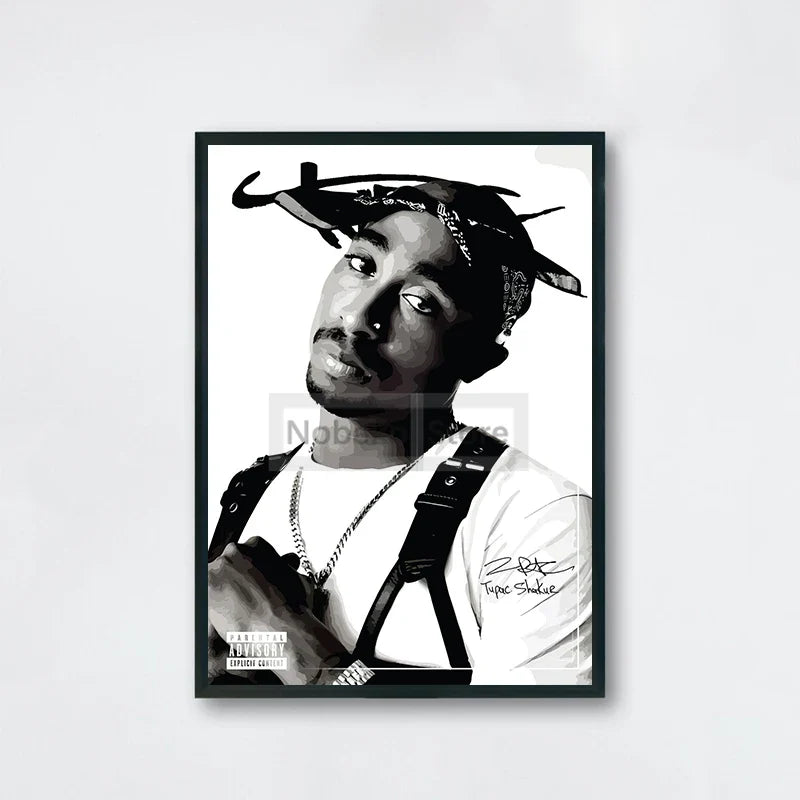 Black and white stylized canvas poster of tupac shakur with bandana and suspenders for hip hop decor order protection time