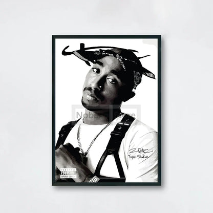 Black and white stylized canvas poster of tupac shakur with bandana and suspenders for hip hop decor order protection time