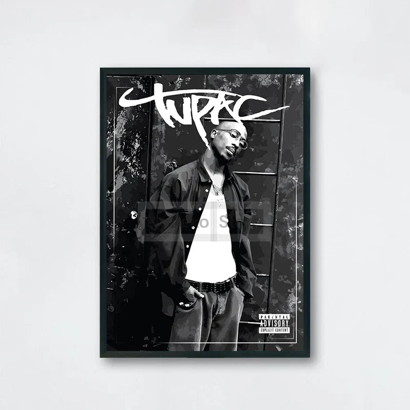 Black and white framed tupac shakur poster with graffiti style logo perfect for hip hop wall art order protection time included