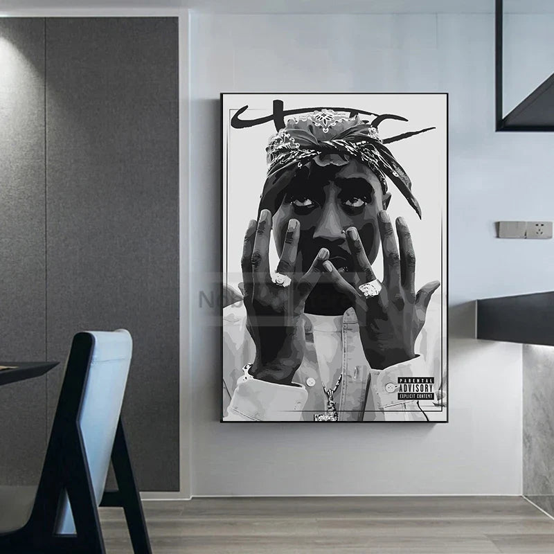 Black-and-white framed canvas print of tupac shakur with 2pac signature ideal for hip-hop music wall art protection time