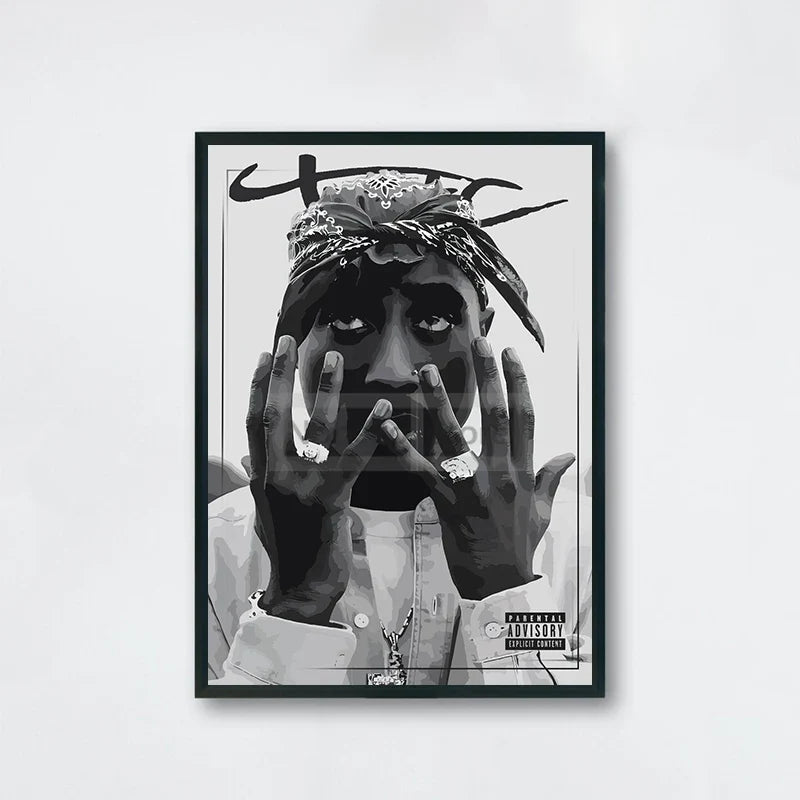 Black and white framed canvas poster of tupac shakur with bandana and denim jacket featuring parental advisory label for hip-hop decor with order protection time