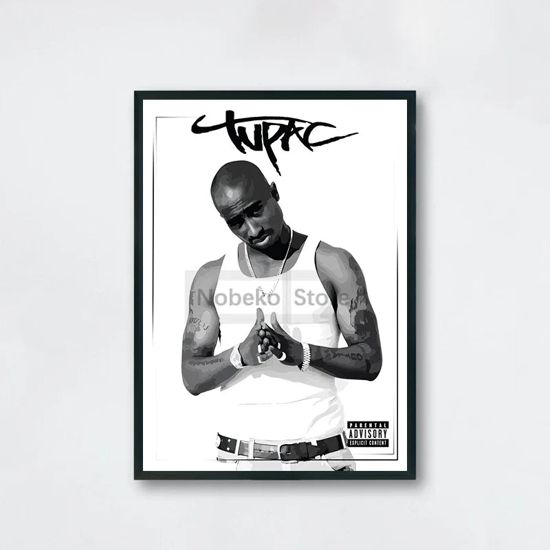 Black-framed black and white tupac shakur poster with signature and explicit label for hip-hop wall art protection time