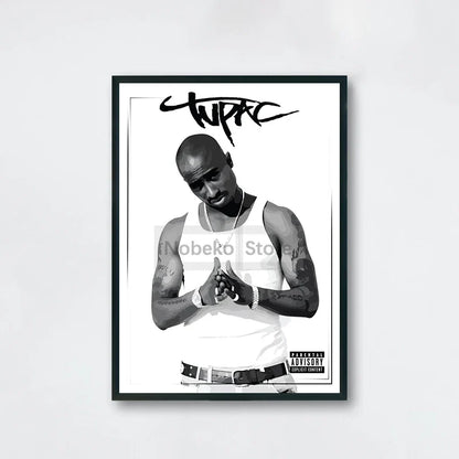 Black-framed black and white tupac shakur poster with signature and explicit label for hip-hop wall art protection time