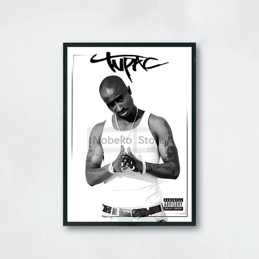 Black-framed black and white tupac shakur poster with signature and explicit label for hip-hop wall art protection time