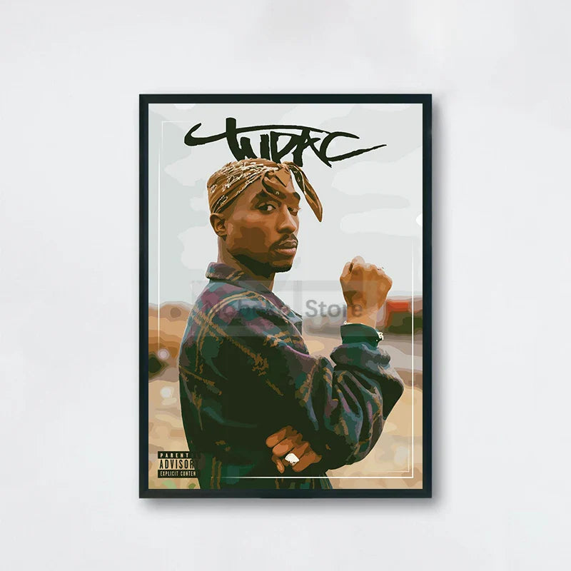Black-framed canvas painting of tupac shakur in patterned headwrap and jacket with tupac signature for hip-hop decor protection time