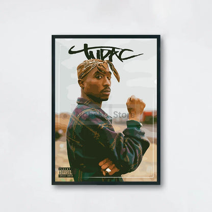 Black-framed canvas painting of tupac shakur in patterned headwrap and jacket with tupac signature for hip-hop decor protection time