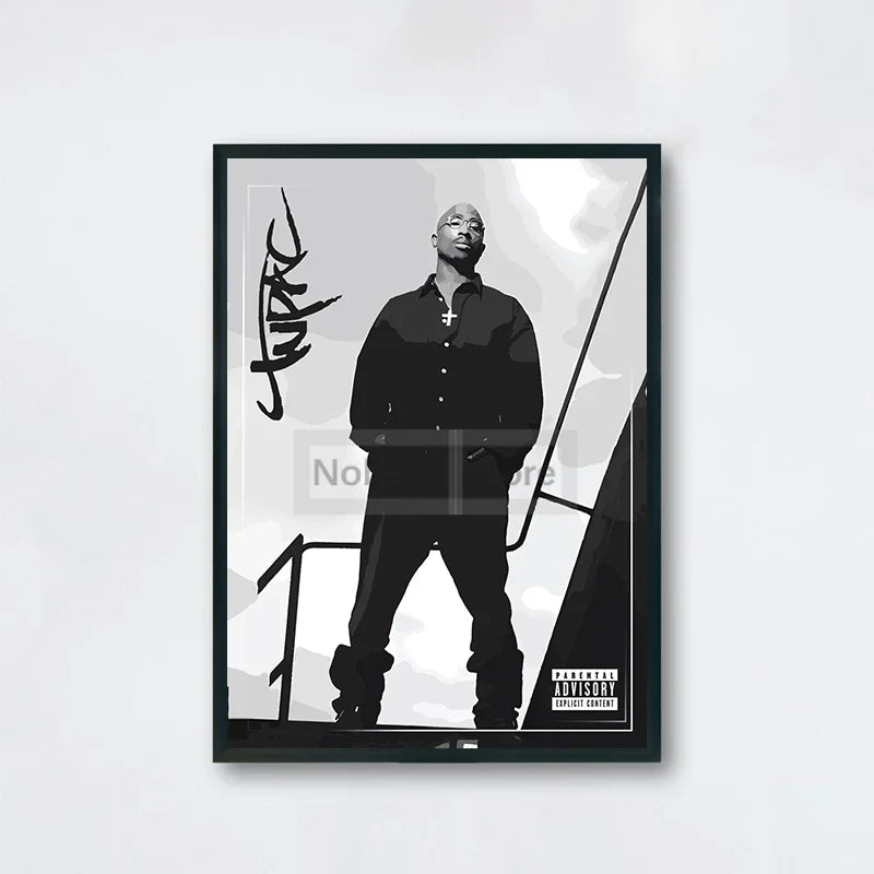 Black-framed poster of stylized black and white 2pac portrait with signature and parental advisory label ideal for hip-hop decor with order protection time