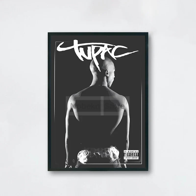Black-framed canvas painting of tupac shakur in black and white with stylized lettering for hip-hop music decor featuring order protection time