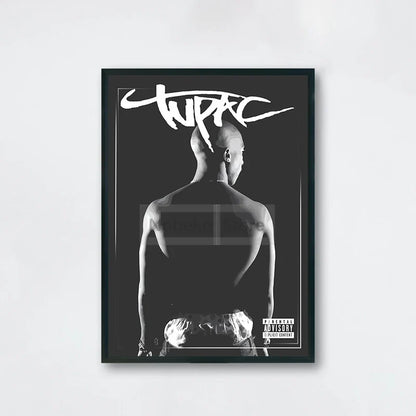 Black-framed canvas painting of tupac shakur in black and white with stylized lettering for hip-hop music decor featuring order protection time