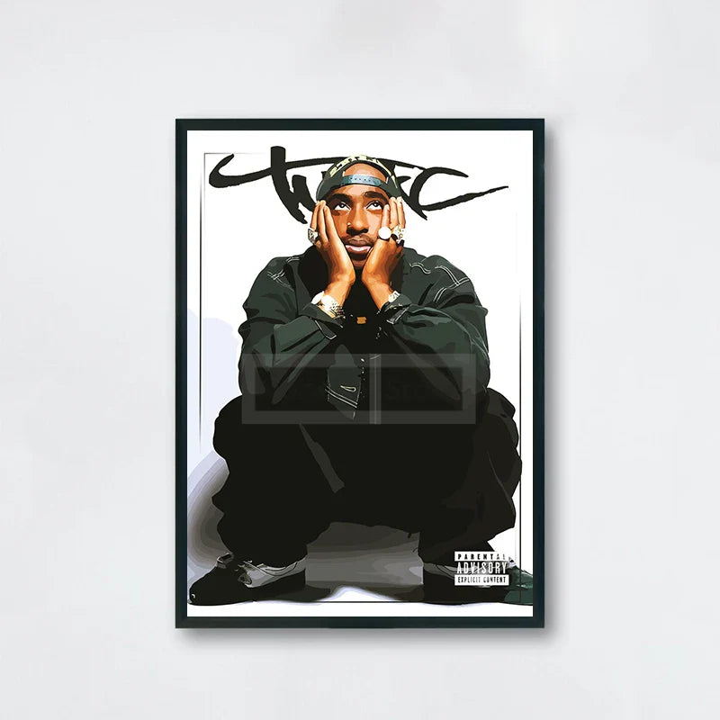 Black-framed tupac shakur poster with stylized portrait and bold graffiti lettering ideal for hip-hop wall art protection time