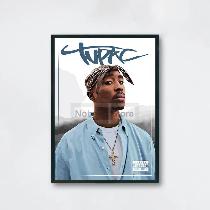 Black-framed famous rapper 2pac poster with stylized tupac illustration and bold graffiti signature for hip-hop decor order protection time