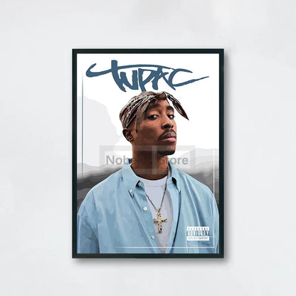 Black-framed famous rapper 2pac poster with stylized tupac illustration and bold graffiti signature for hip-hop decor order protection time