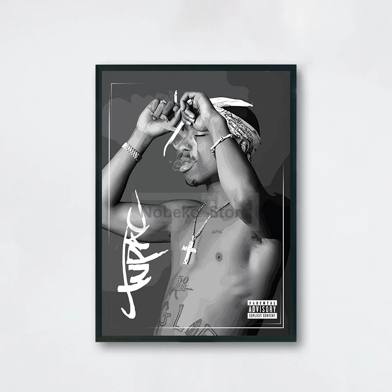 Black-framed black-and-white tupac shakur canvas poster with graffiti-style name and parental advisory label for hip-hop decor with order protection time