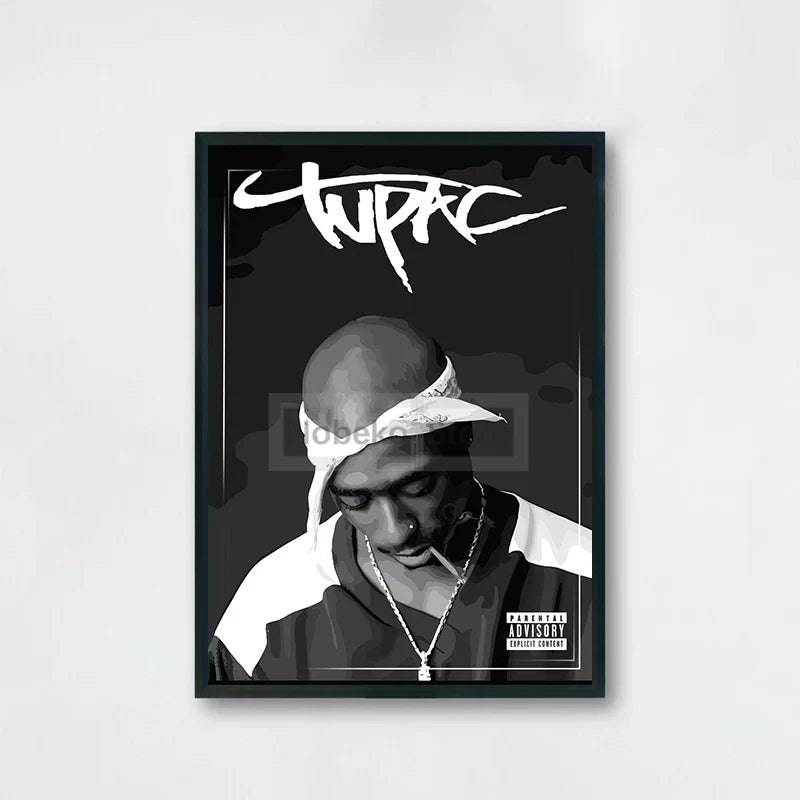 Black-framed canvas painting of tupac shakur with graffiti logo and parental advisory label ideal for hip-hop decor order protection time