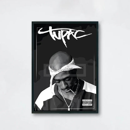 Black-framed canvas painting of tupac shakur with graffiti logo and parental advisory label ideal for hip-hop decor order protection time