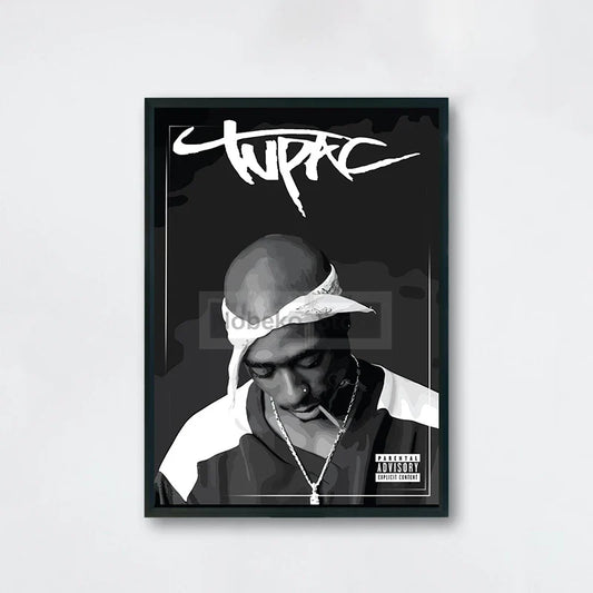 Black-framed canvas painting of tupac shakur with graffiti logo and parental advisory label ideal for hip-hop decor order protection time