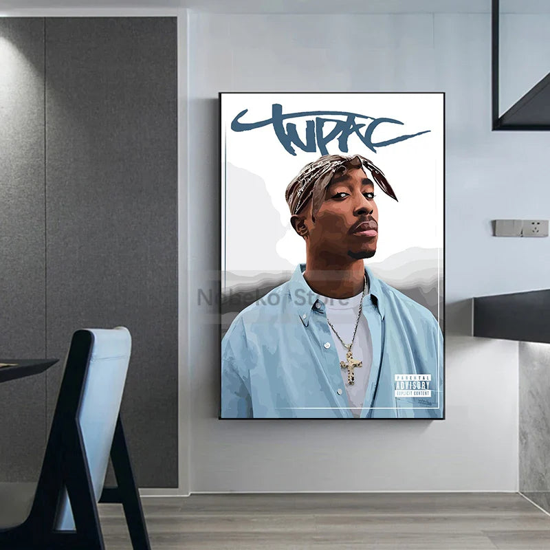 A framed canvas print of tupac with a blue shirt and 2pac logo, ideal for hip-hop decor with reliable order protection time