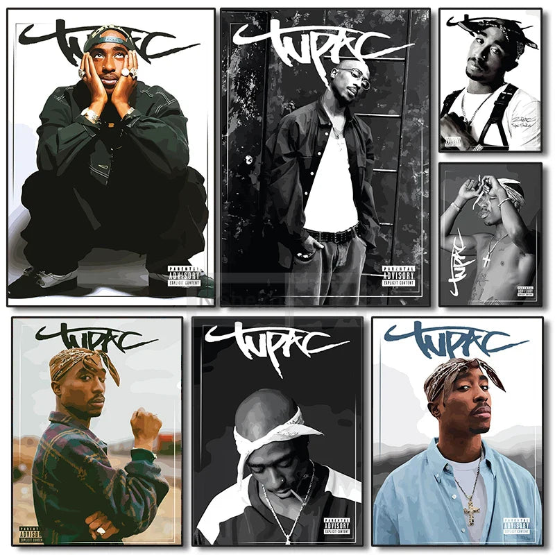 Set of six framed tupac shakur rap prints with bold lettering ideal for home living room hip-hop decor protection time