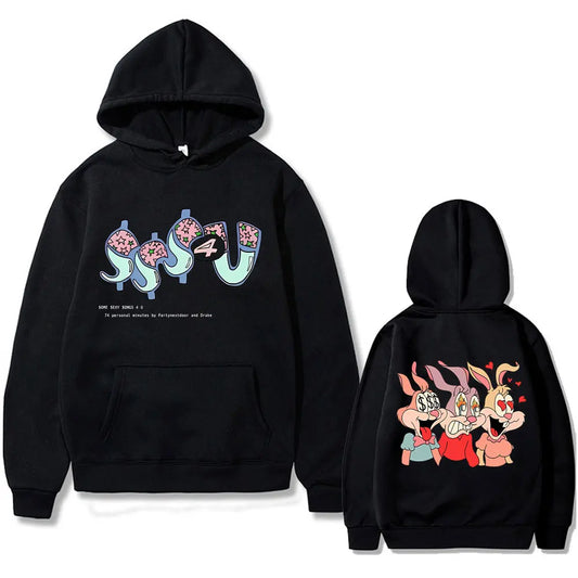 Black hip hop oversized hoodie featuring colorful cartoon bunnies on back and drake album stylized text front for famous rapper partynextdoor fans