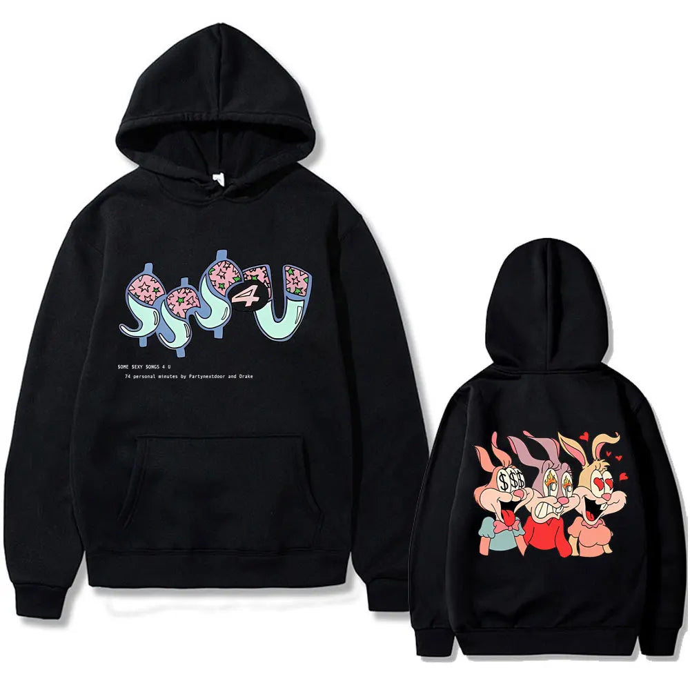 Black oversized hooded sweatshirt featuring colorful cartoon bunnies on back and stylized dollar sign text front for famous rapper partynextdoor drake album fans
