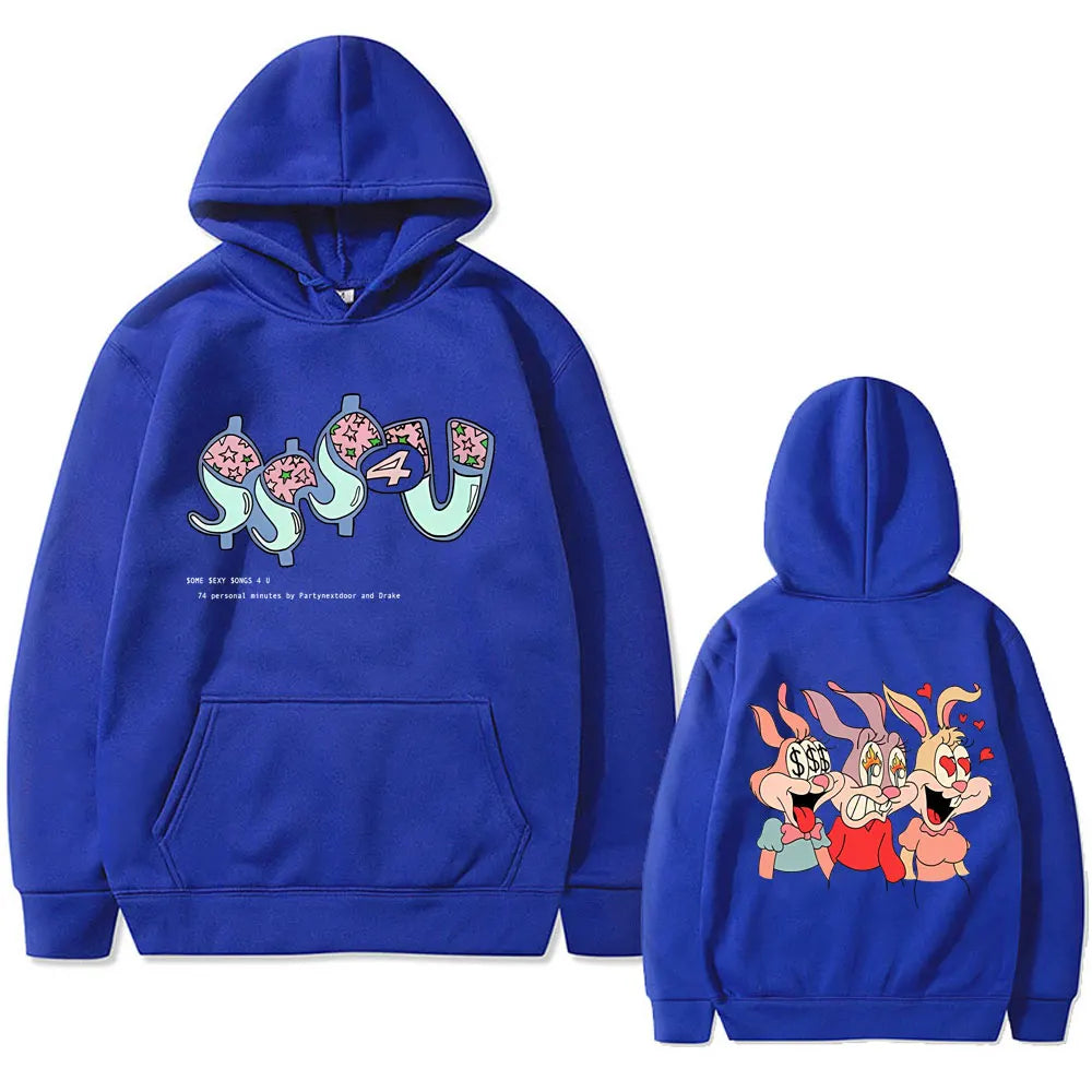 Royal blue oversized hooded sweatshirt with vibrant cartoon graphic and kangaroo pocket featuring famous rapper partynextdoor and drake album design