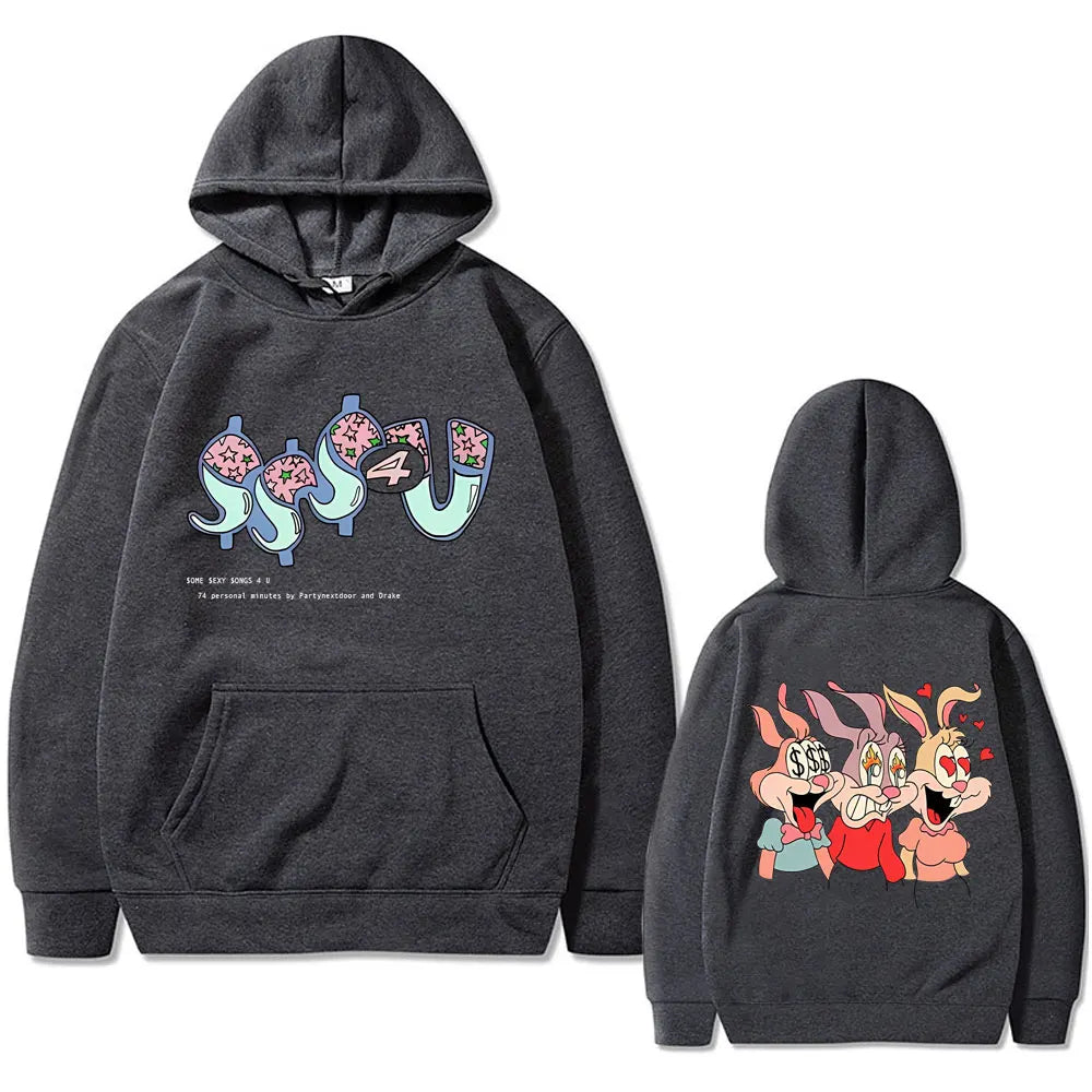 Dark gray oversized hooded sweatshirt with pink floral dollar signs front graphic and cartoon characters on back inspired by famous rapper partynextdoor drake album
