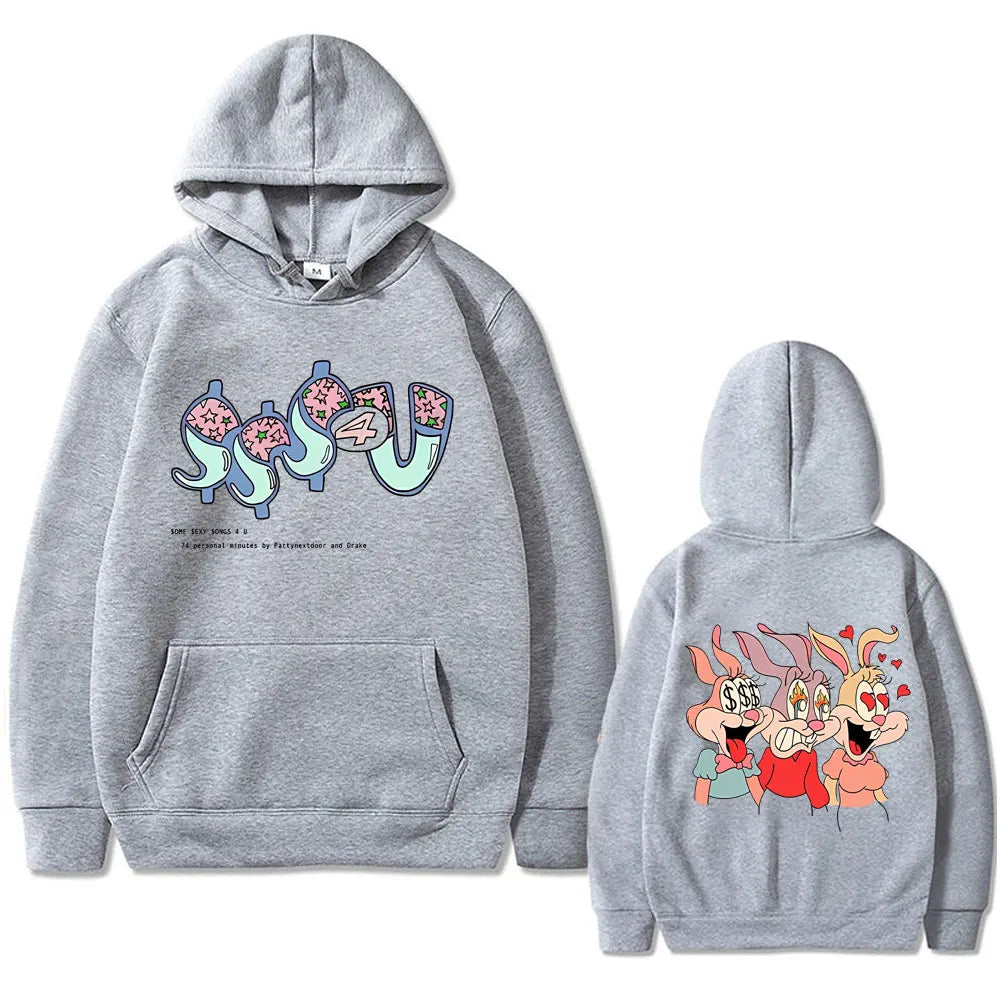 Gray oversized hooded sweatshirt with colorful cartoon graphic and kangaroo pocket featuring famous rapper partynextdoor and drake album design